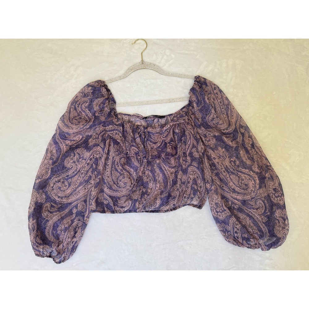 ZARA Womens S Sheer Paisley Crop Blouse Purple Pink Long Sleeve Boho Peasant Top - Picture 8 of 8